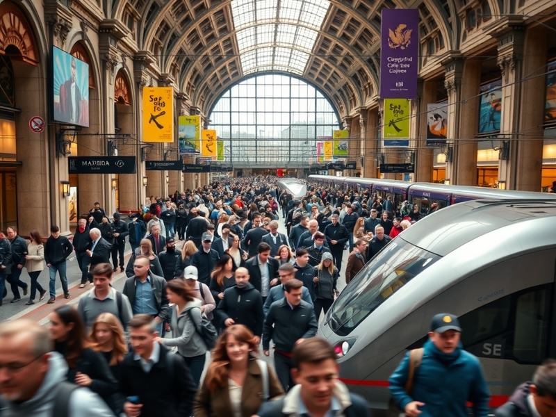 A vibrant image of Atocha Station in Madrid, showcasing its tropical garden and bustling atmosphere, encapsulating the blend