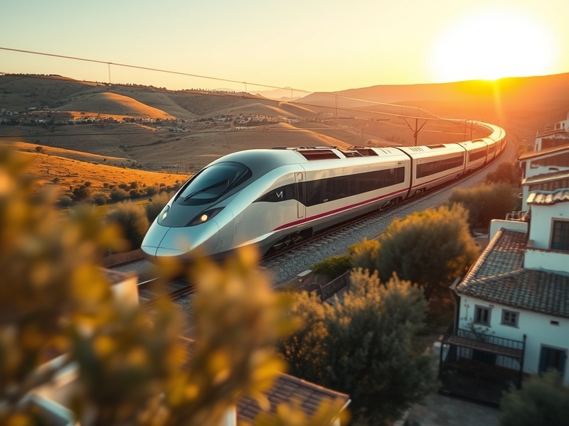 A high-speed AVE train traveling through the Spanish countryside, showcasing modern design and scenic landscapes.