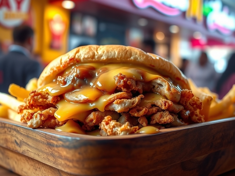 A vibrant Deep Fried Turkey Gobbler sandwich showcasing crispy turkey, stuffing, and cranberry sauce on a hoagie roll, set ag