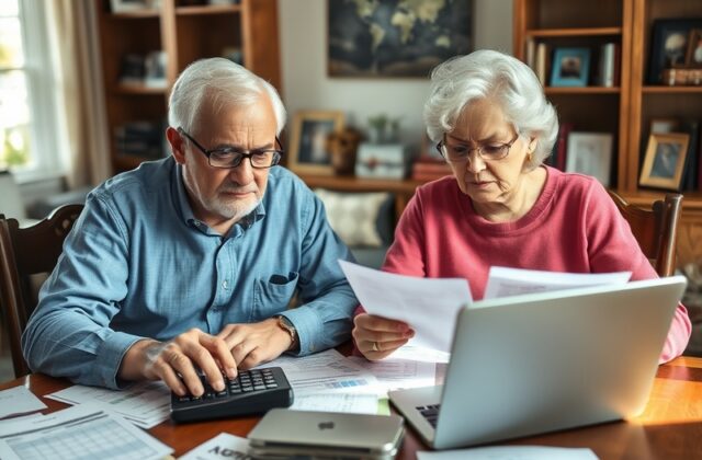 An elderly couple reviewing financial documents at a table, with a calculator and a laptop, conveying a sense of thoughtful r