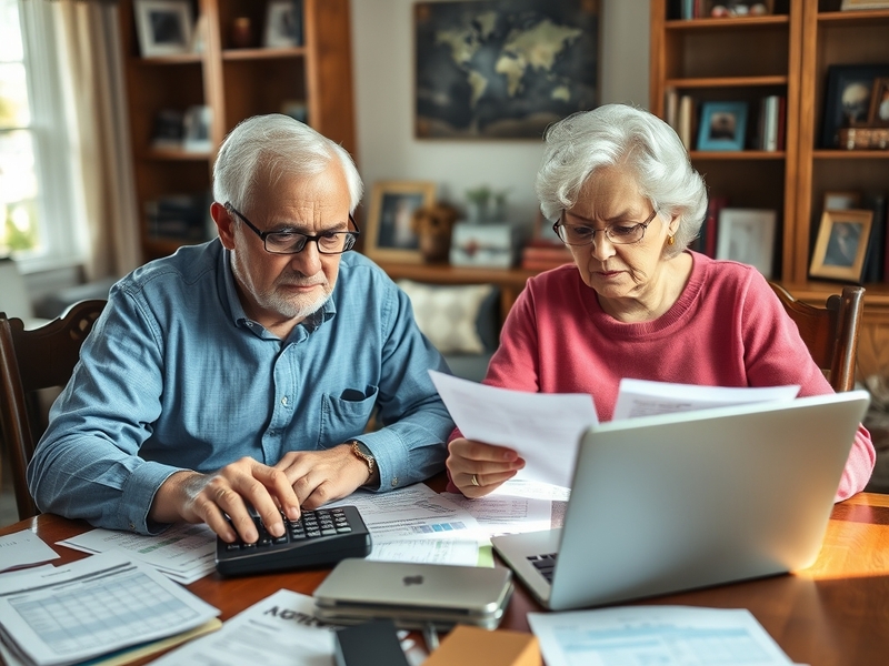 An elderly couple reviewing financial documents at a table, with a calculator and a laptop, conveying a sense of thoughtful r