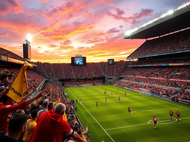 A dynamic soccer scene showcasing players from Columbus Crew and FC Dallas in action, with fans cheering in the background, v