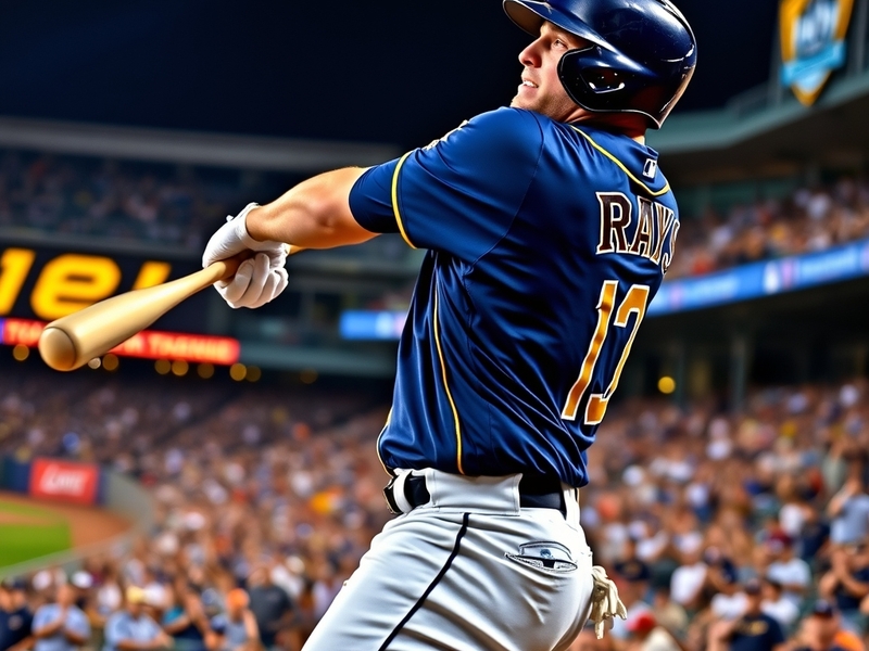 A dynamic action shot of Yandy Díaz in a Tampa Bay Rays uniform during a game, showcasing his batting stance with the stadium
