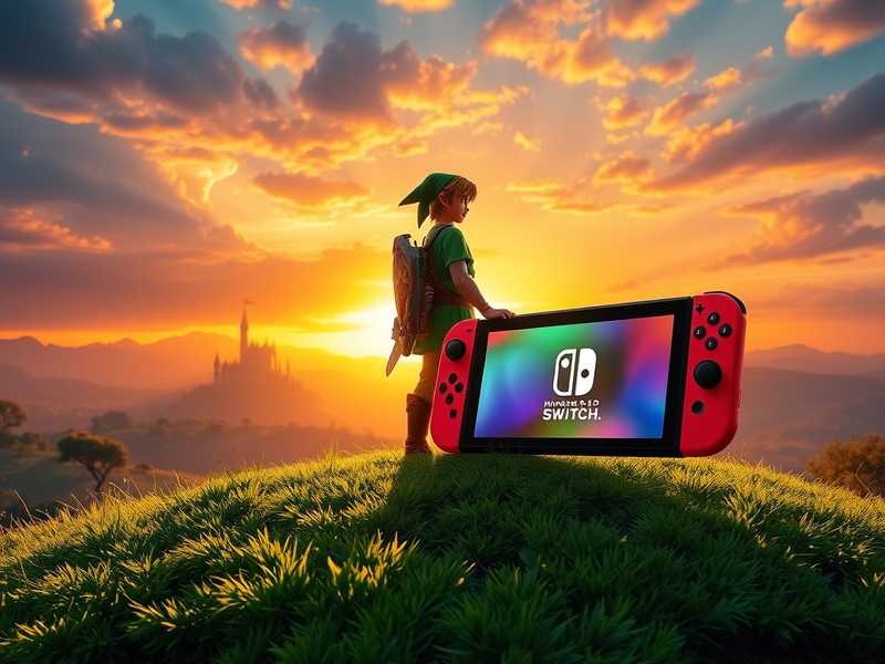 An artistic representation of Link standing in a lush, expansive landscape, showcasing vibrant colors and a mystical atmosphe