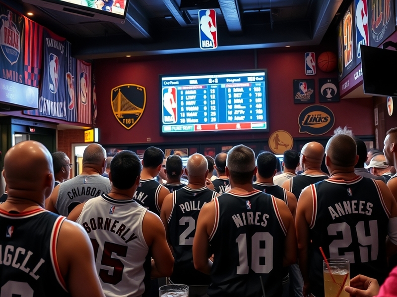 An action shot from an NBA game, featuring players in motion, showcasing intensity and athleticism, with fans cheering in the