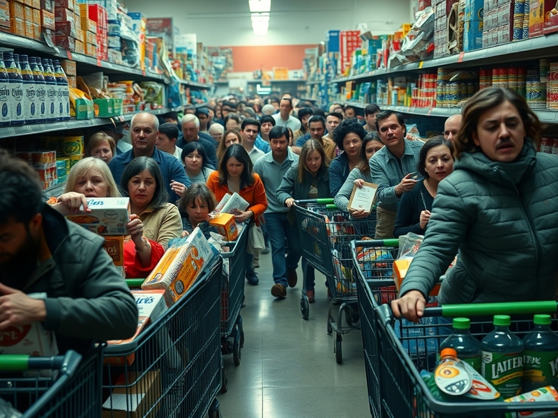 A crowded supermarket aisle with shoppers filling their carts with essentials, showcasing the urgency and chaos during a pani