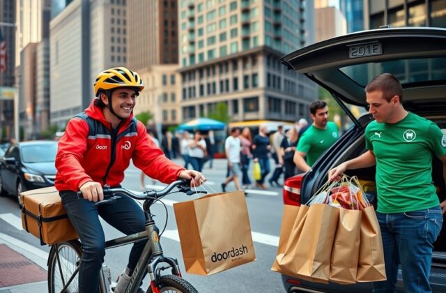 A split image showing a DoorDash delivery bag on one side and an Instacart shopper with groceries on the other, illustrating