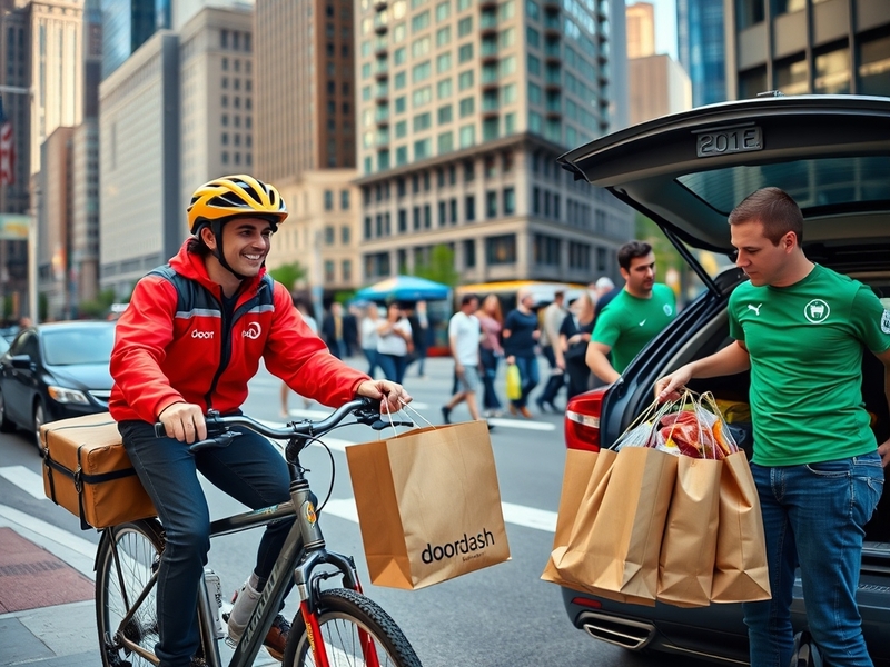 A split image showing a DoorDash delivery bag on one side and an Instacart shopper with groceries on the other, illustrating