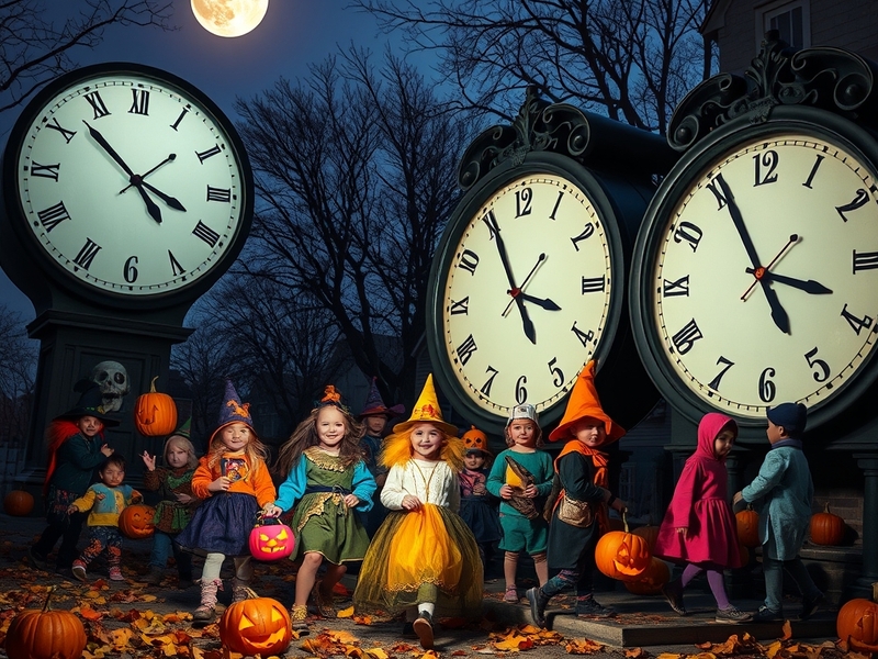 A festive Halloween street scene at dusk, with children in costumes carrying candy bags, illuminated by glowing jack-o'-lante