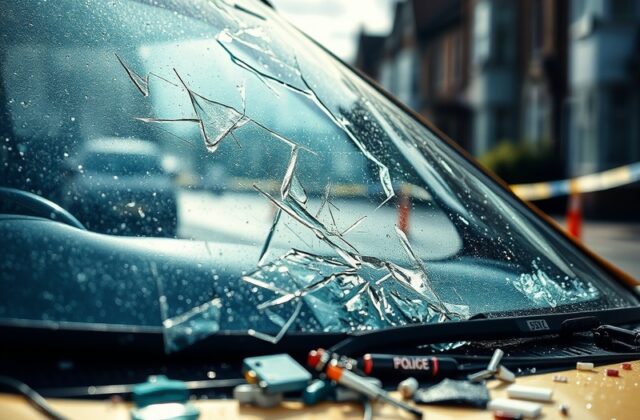 A damaged police car windscreen with debris in the foreground, set against a busy road backdrop, conveying urgency and cautio